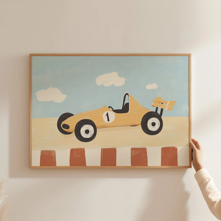 Stampa per cameretta dei bambini con auto da corsa: simpatica decorazione murale con veicoli per ragazzi