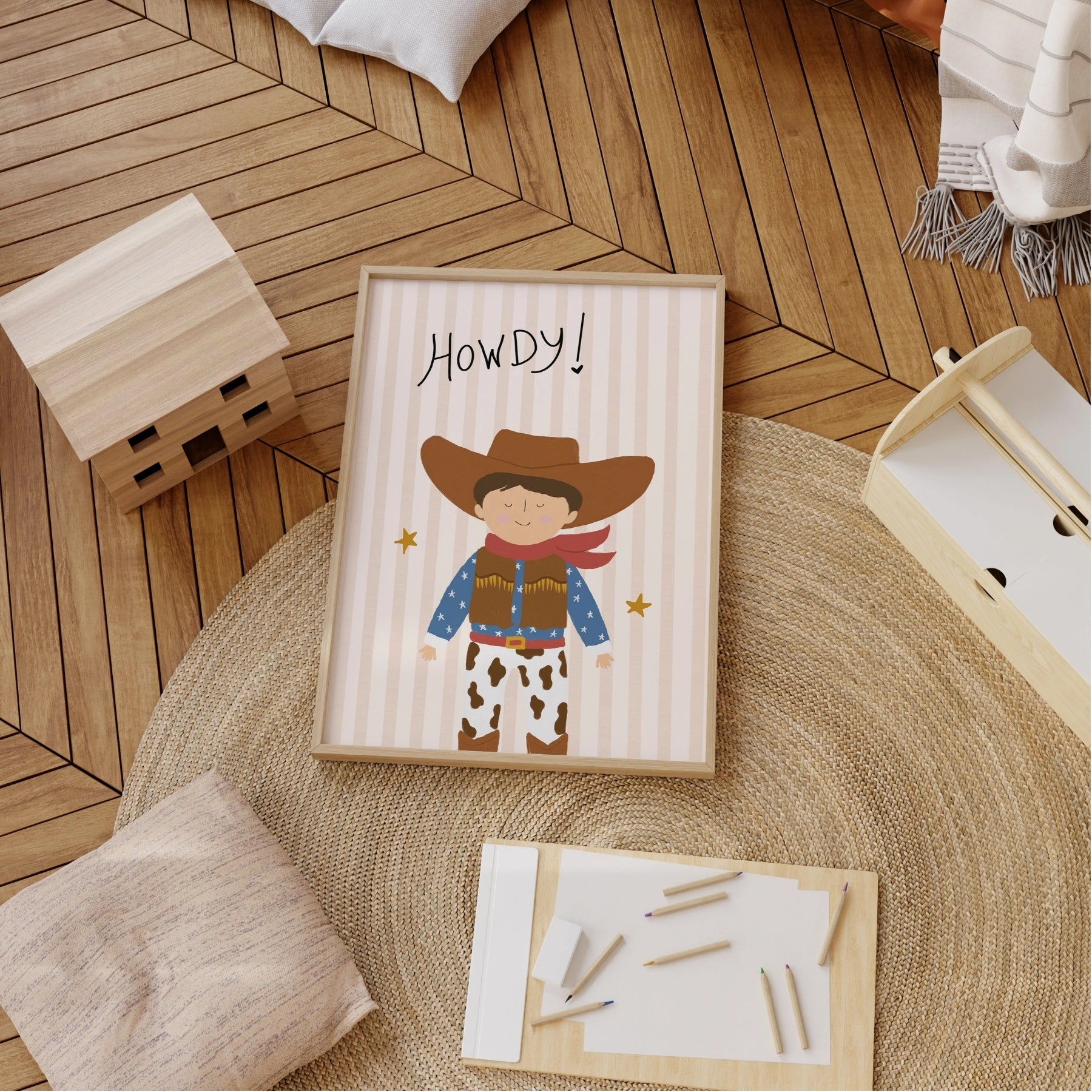Affiche murale pour chambre de bébé cowboy avec inscription « Howdy »