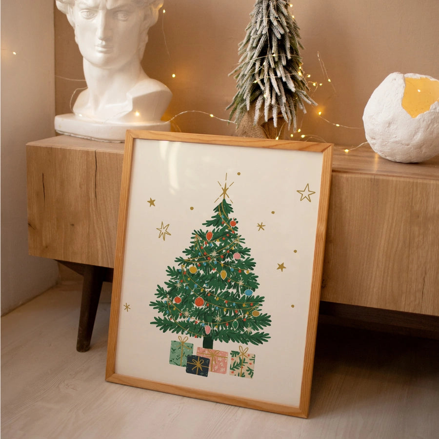 Décoration murale de sapin de Noël – Pin de Noël dessiné à la main avec des cadeaux