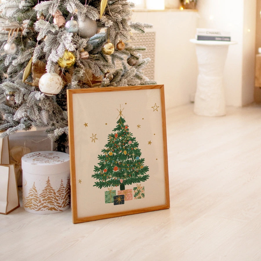 Décoration murale de sapin de Noël – Pin de Noël dessiné à la main avec des cadeaux