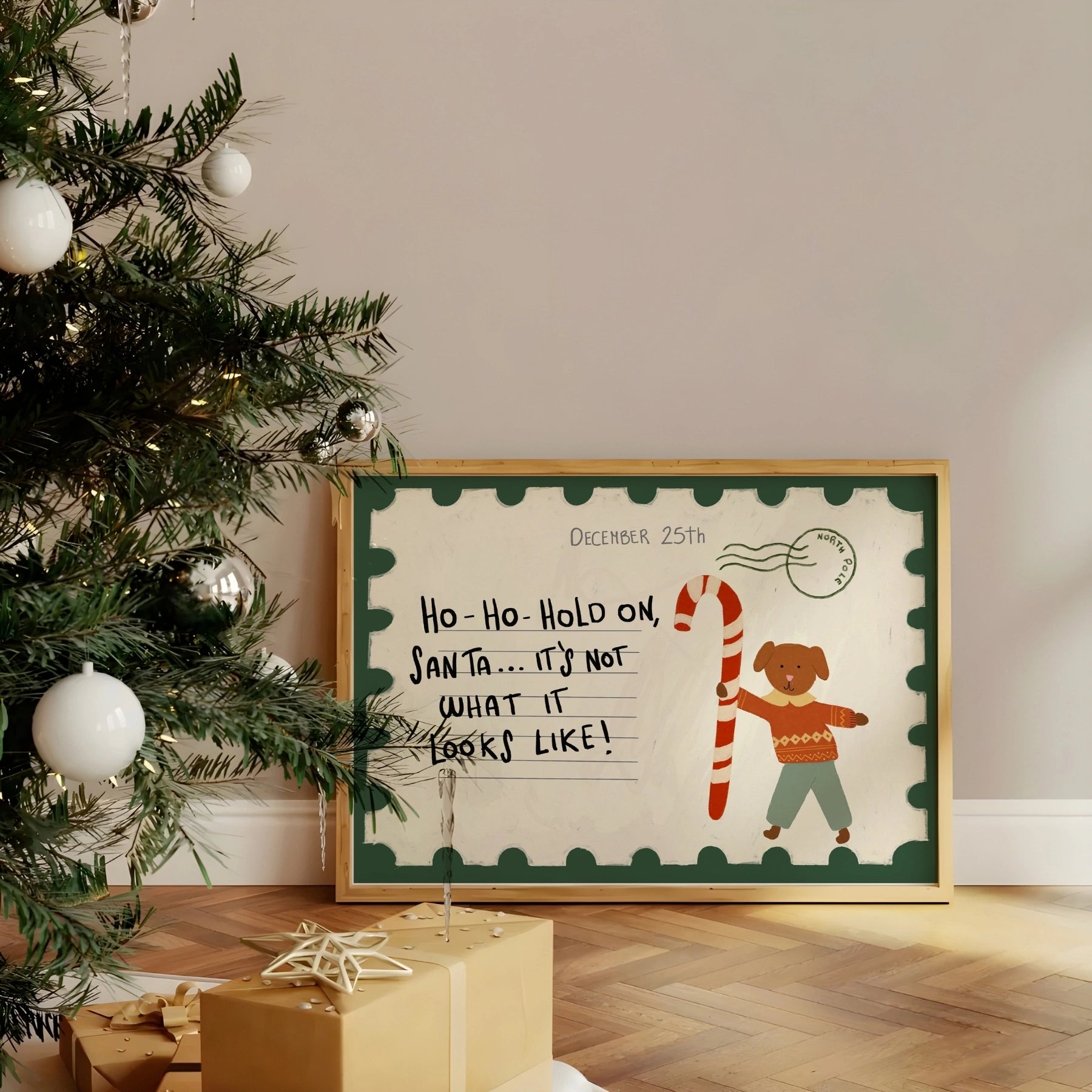 Divertente cartolina natalizia con cane