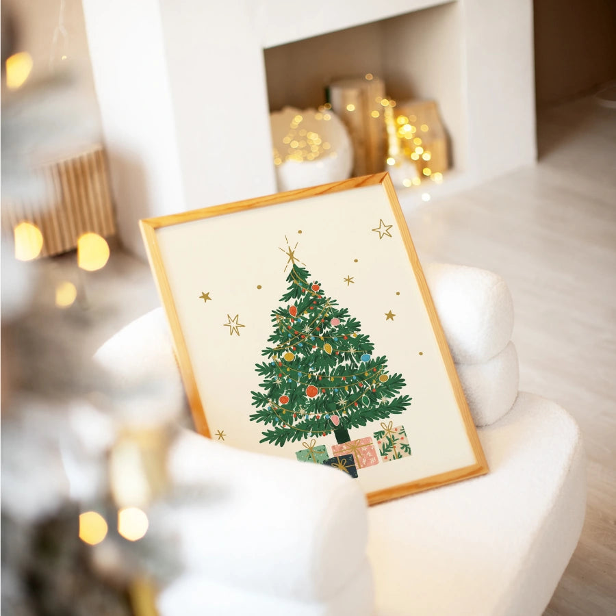 Décoration murale de sapin de Noël – Pin de Noël dessiné à la main avec des cadeaux