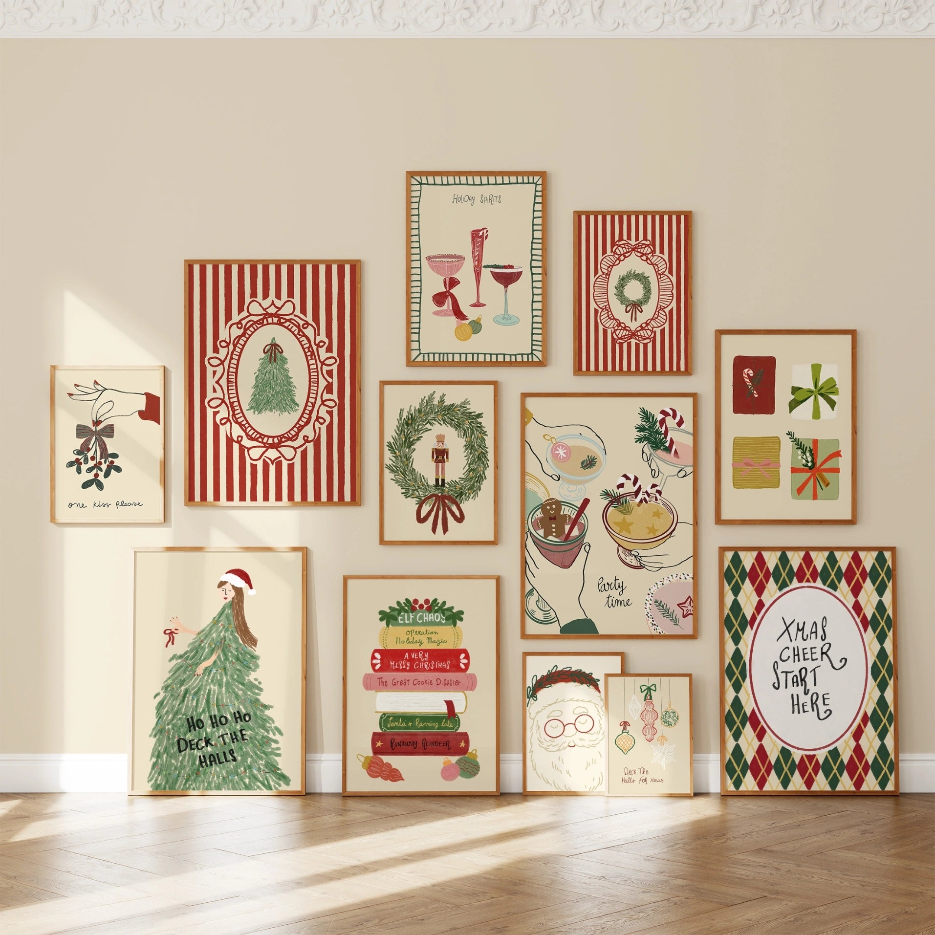 Set di 16 stampe natalizie alla moda disegnate a mano