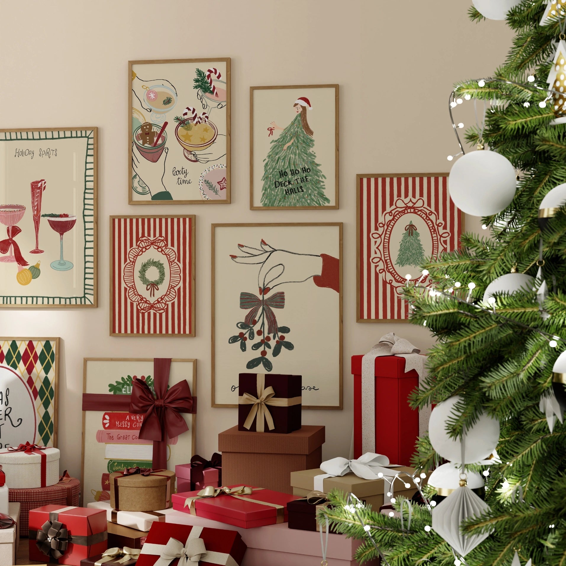 Set di 16 stampe natalizie alla moda disegnate a mano