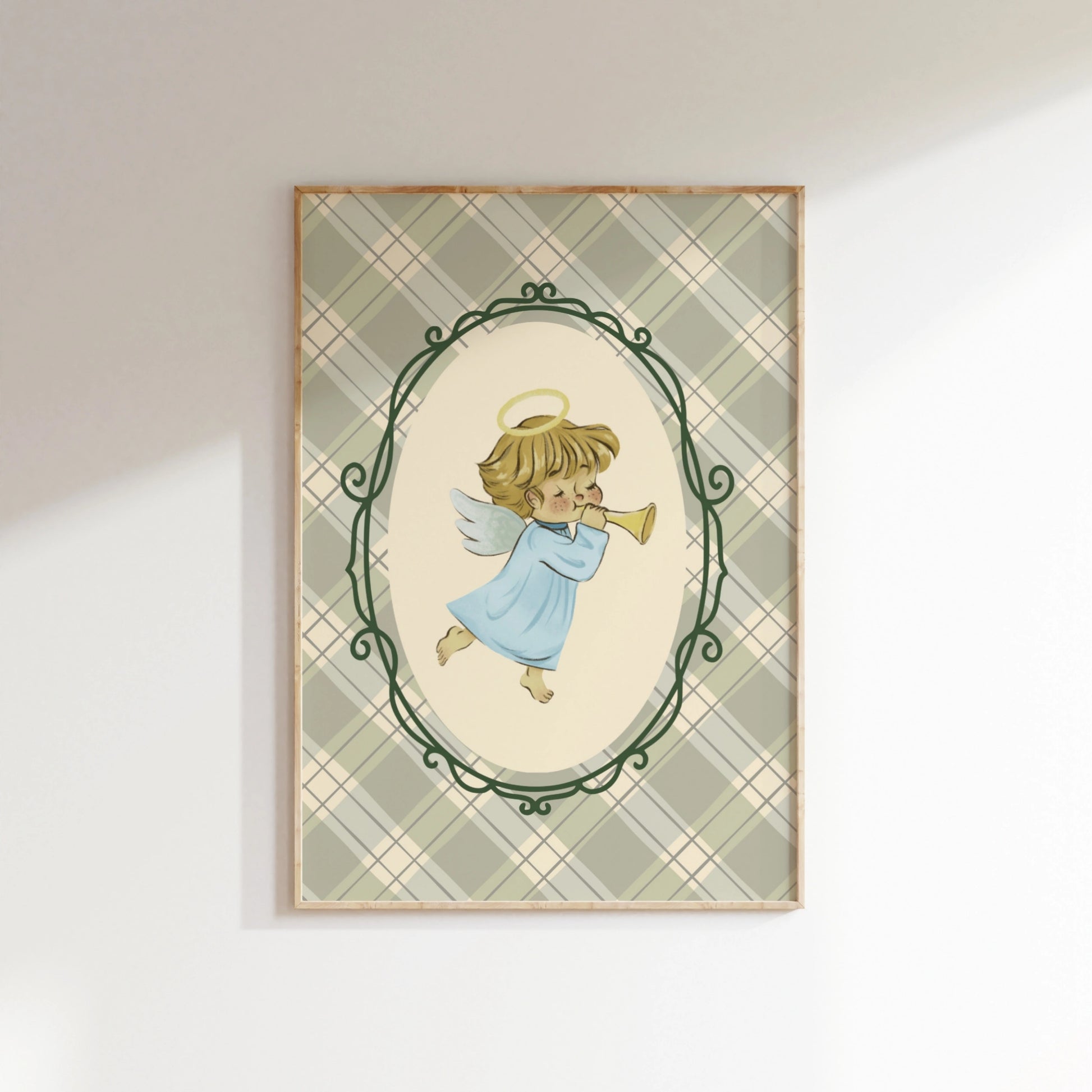Plaid Angel Wall Art - Cute Baby Angel Nursery Print, Vintage Nursery Decor