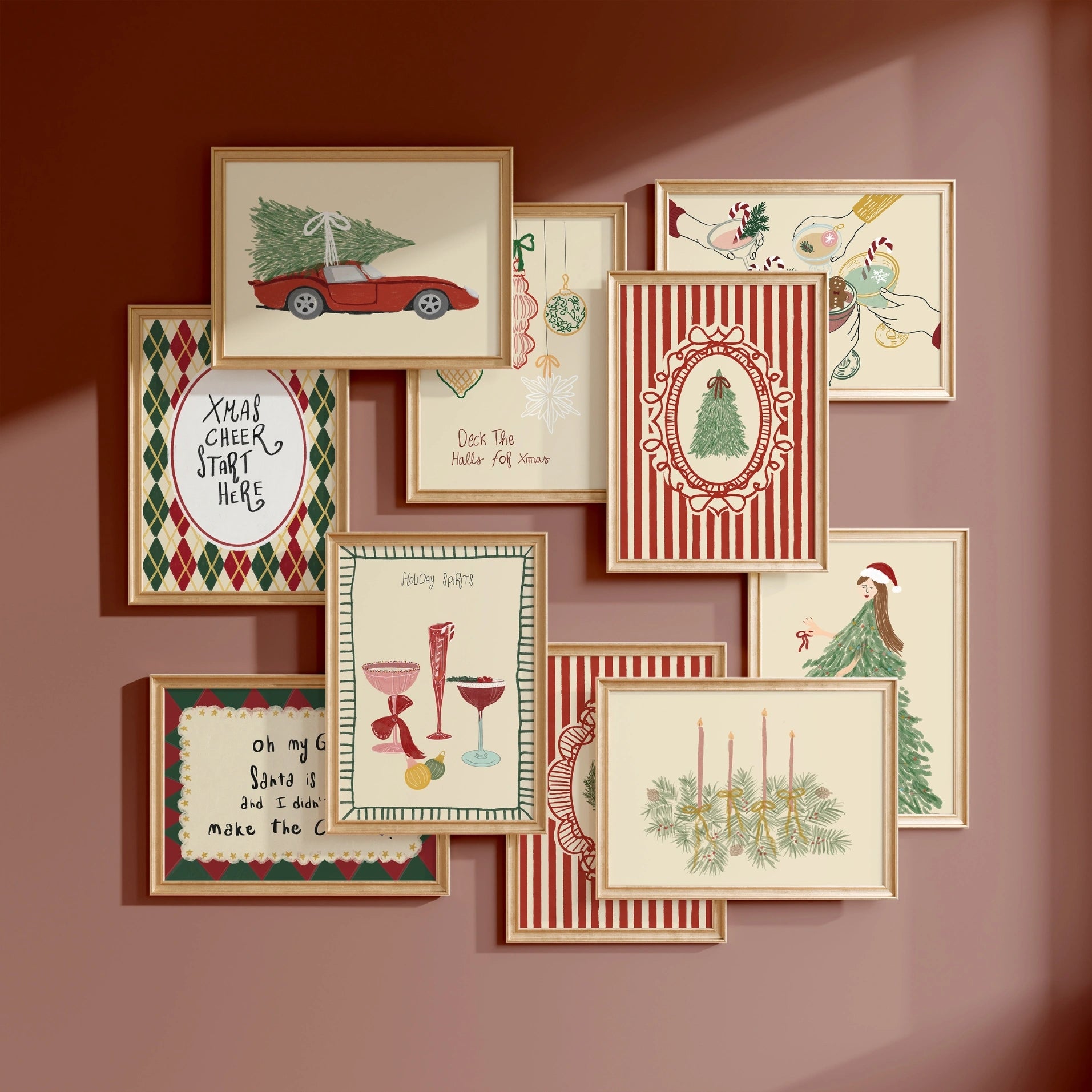 Set di 16 stampe natalizie alla moda disegnate a mano