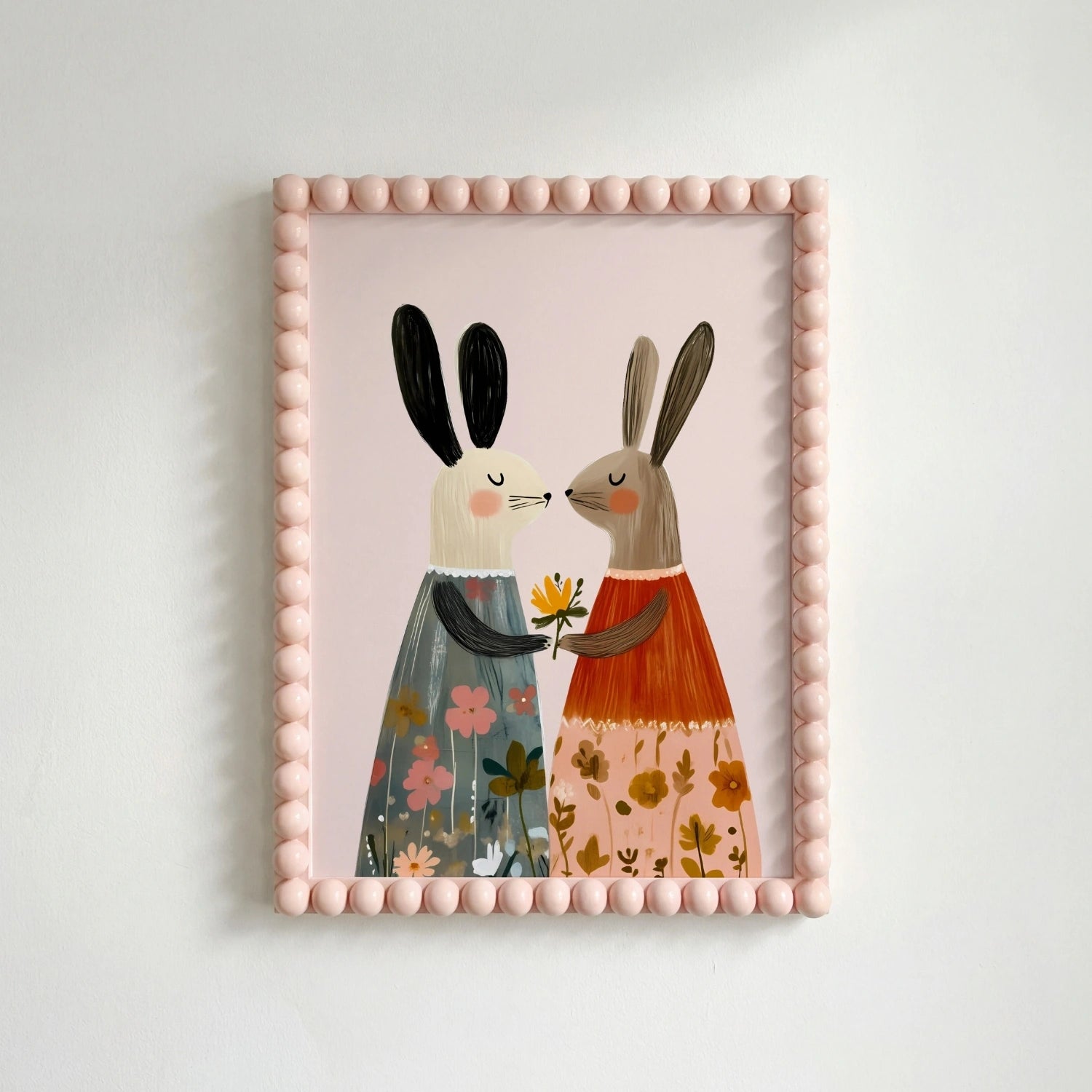 Bunny Friends Wall Art – Whimsical Rabbit Nursery Print in Floral Dresses, Girls Room Decor