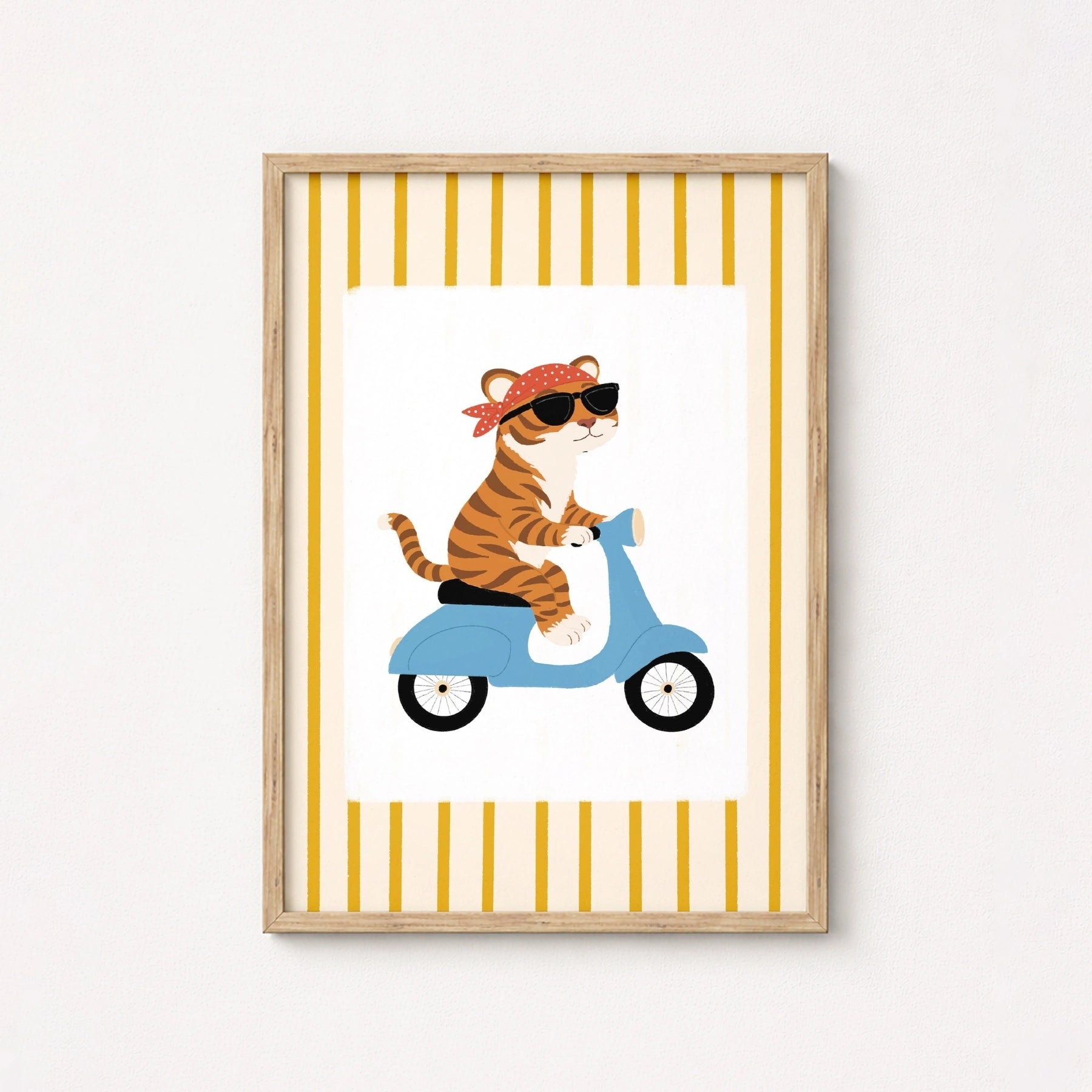 Stampa da parete per cameretta con tigre sullo scooter