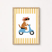 Stampa da parete per cameretta con tigre sullo scooter