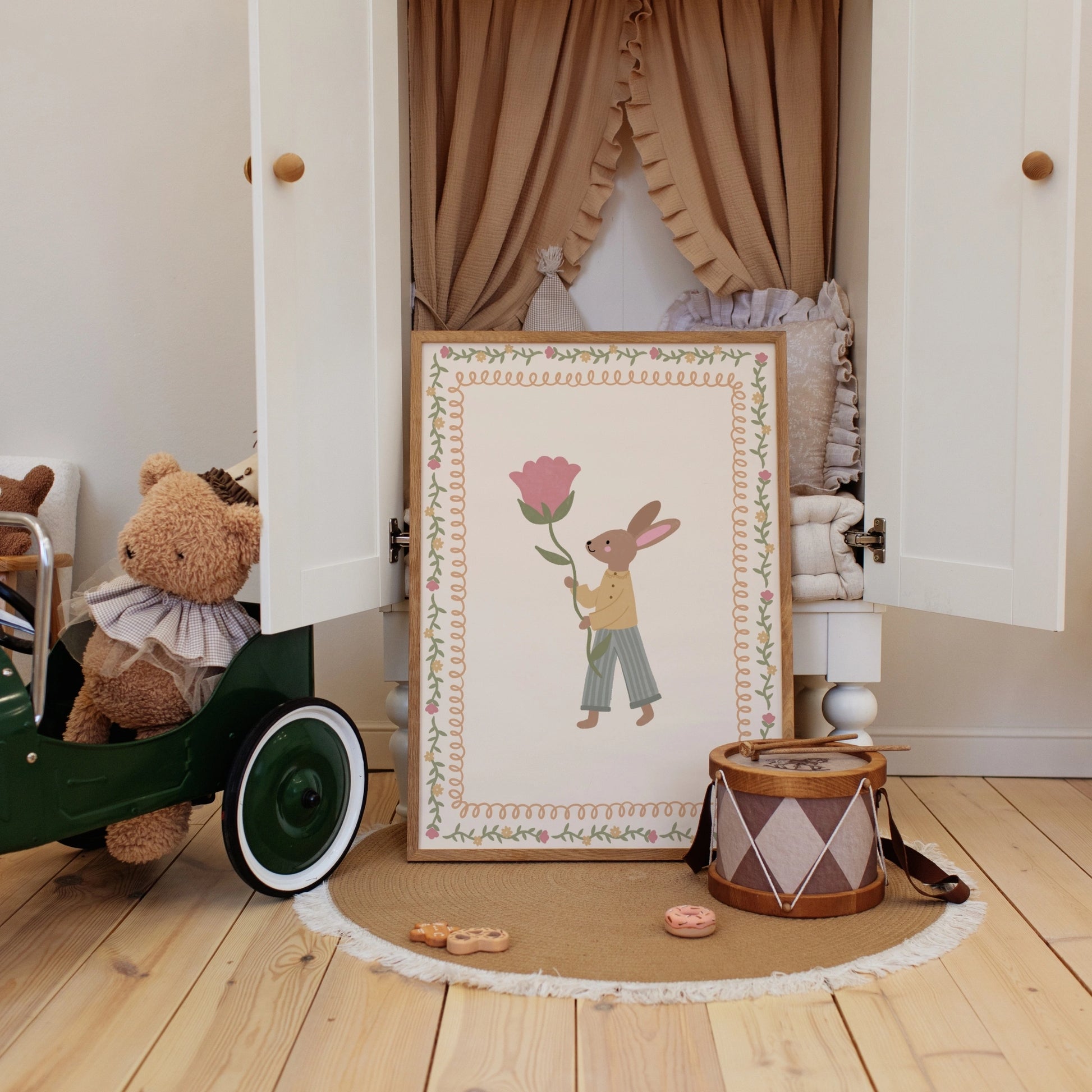 Floral Bunny Nursery Wall Art, Whimsical Kids Decor