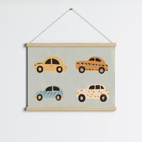 Affiche de pépinière de voitures colorées – Art mural de véhicules mignons pour garçons, Décor de chambre de garçon