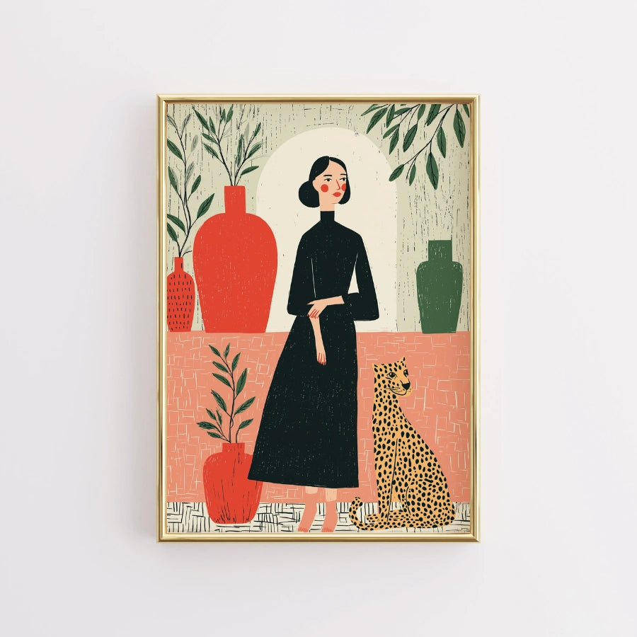 Elegant Companion Boho Wall Art – Stylized Woman and Cheetah Scene
