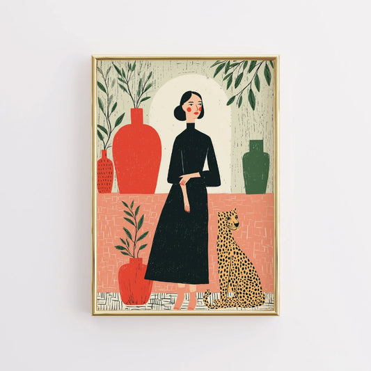 Elegant Companion Boho Wall Art – Stylized Woman and Cheetah Scene
