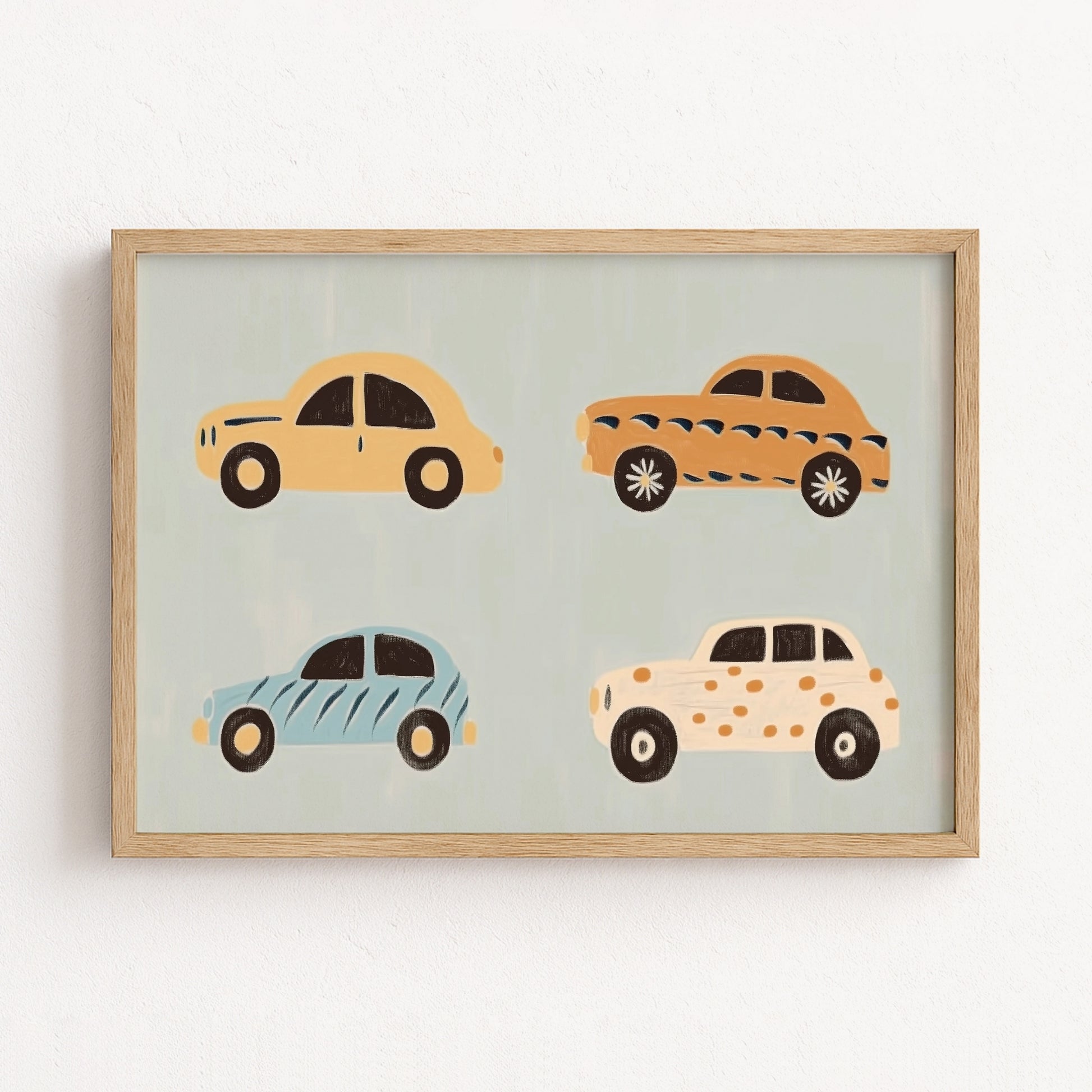 Affiche de pépinière de voitures colorées – Art mural de véhicules mignons pour garçons, Décor de chambre de garçon
