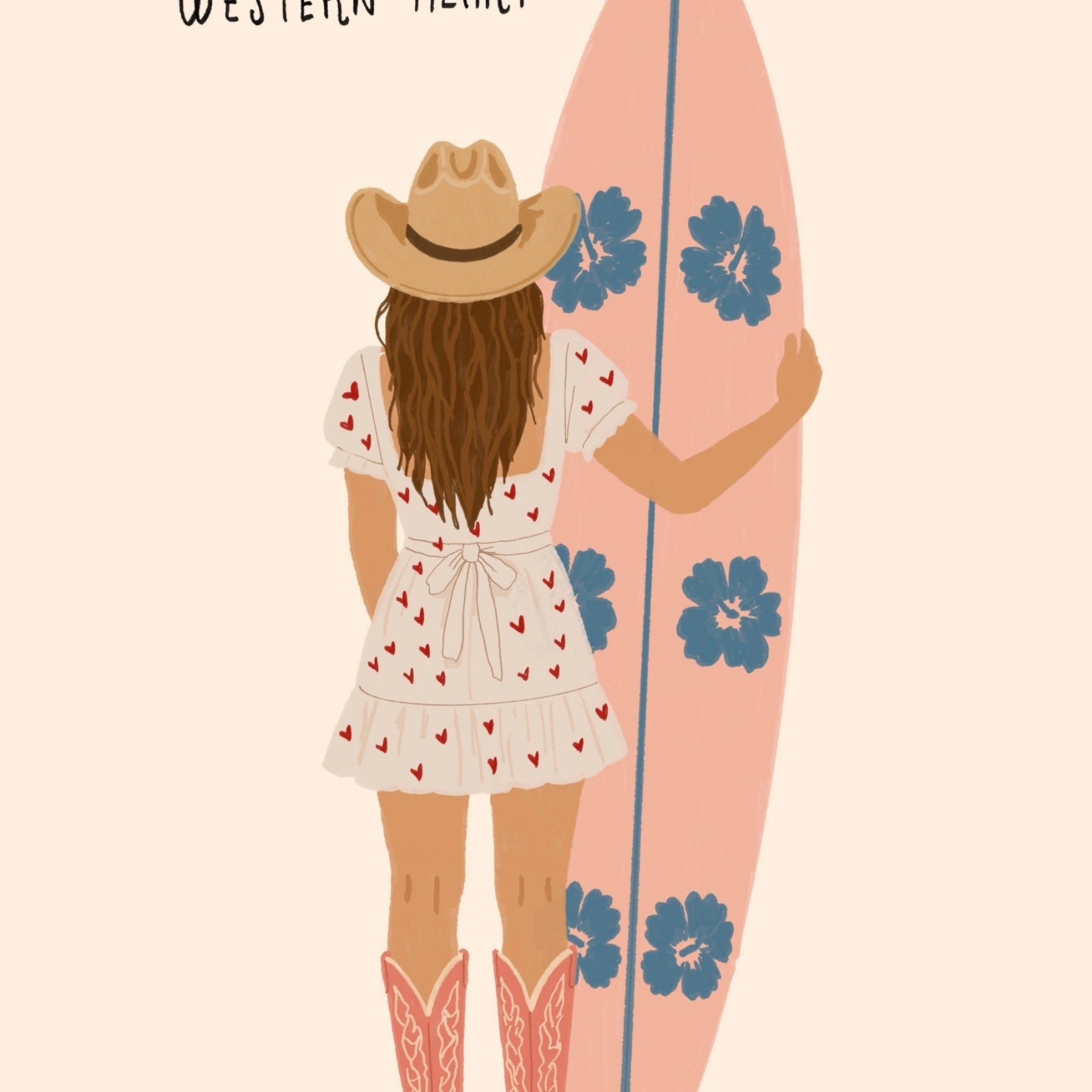 Stampa costiera con cowgirl surfista