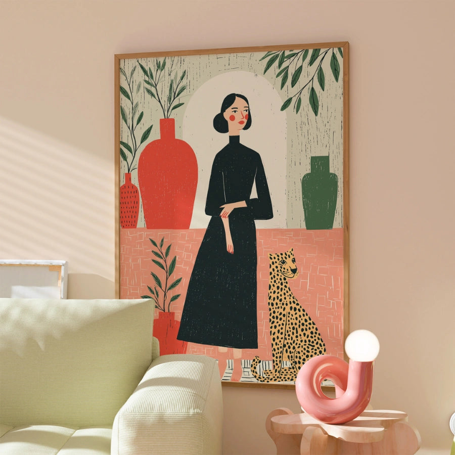 Elegant Companion Boho Wall Art – Stylized Woman and Cheetah Scene