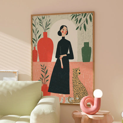 Elegant Companion Boho Wall Art – Stylized Woman and Cheetah Scene
