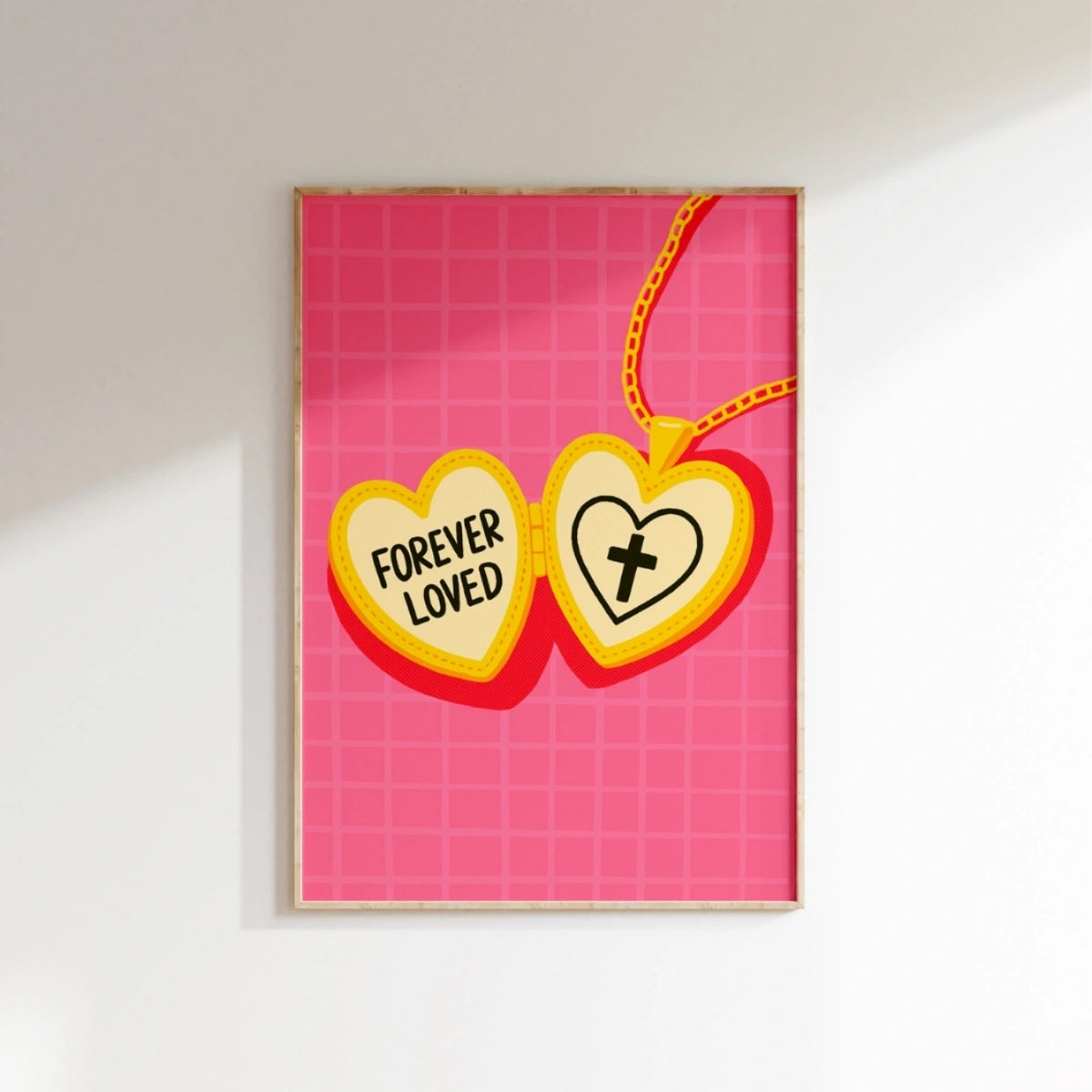 Arte de Pared Cristiano Forever Loved – Impresión de Collar con Cruz de Corazón Rosa, Decoración Cristiana de Pared