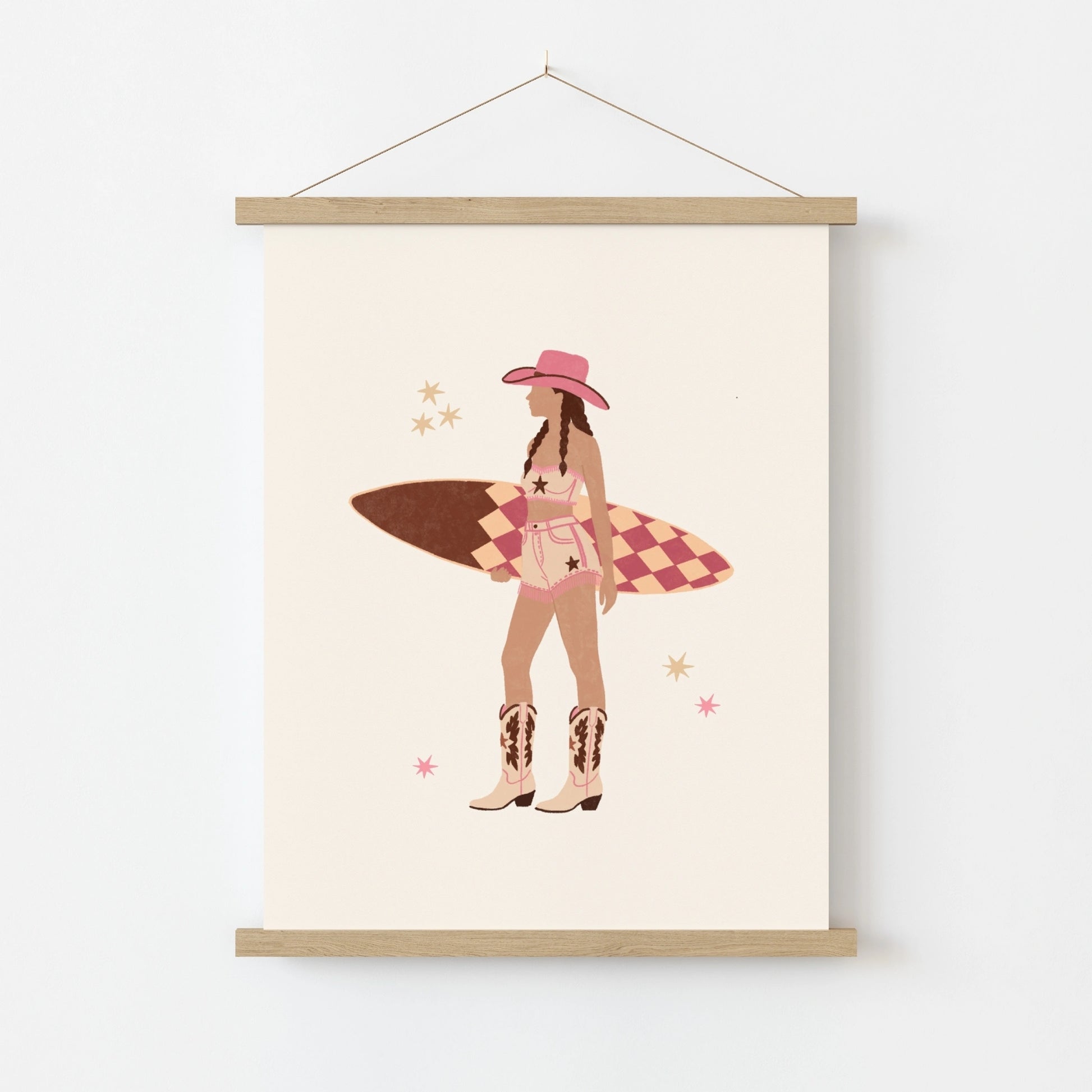 Arte murale costiera di cowgirl surfista