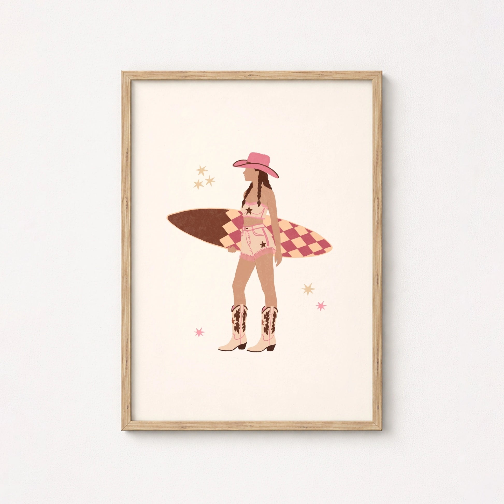Arte murale costiera di cowgirl surfista