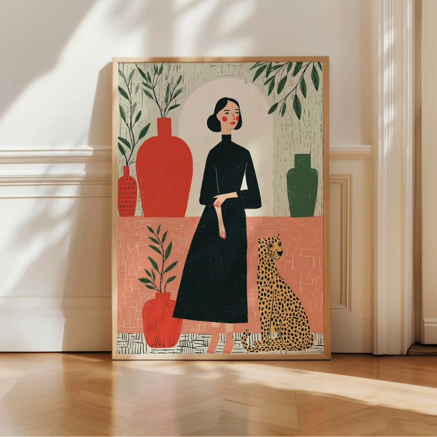 Elegant Companion Boho Wall Art – Stylized Woman and Cheetah Scene