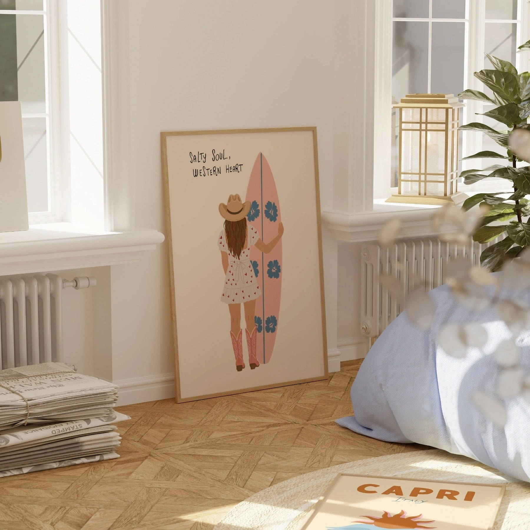 Stampa costiera con cowgirl surfista