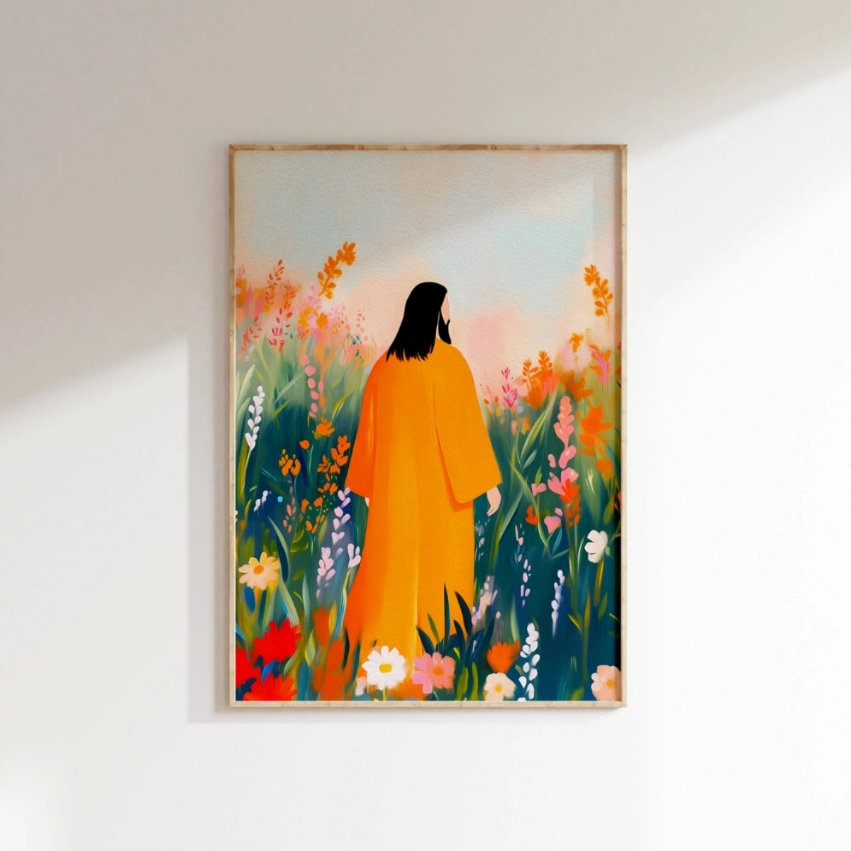 Jesus in Flower Field Wall Art – Peaceful Christian Print, Christian Wall Decor