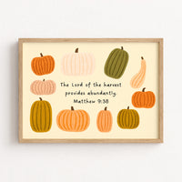 Stampa cristiana autunnale con zucche - Versetto biblico ispirato alla fede