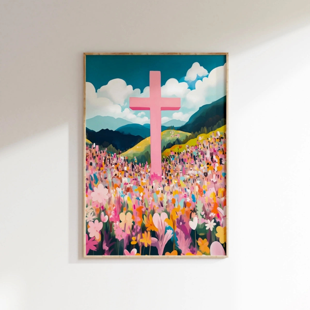 Pink Cross – Art mural paysager chrétien, Décoration murale chrétienne
