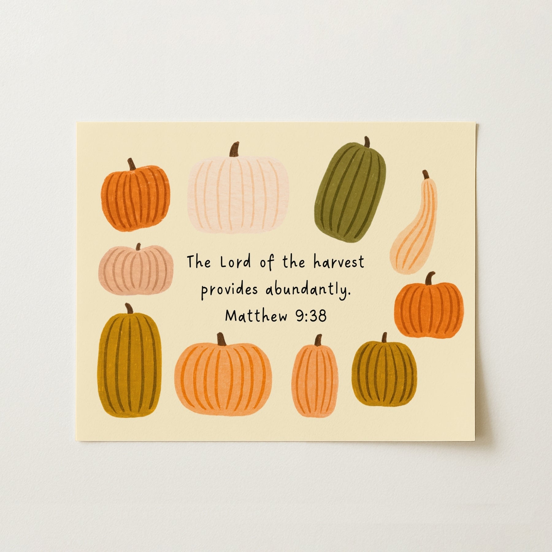 Stampa cristiana autunnale con zucche - Versetto biblico ispirato alla fede