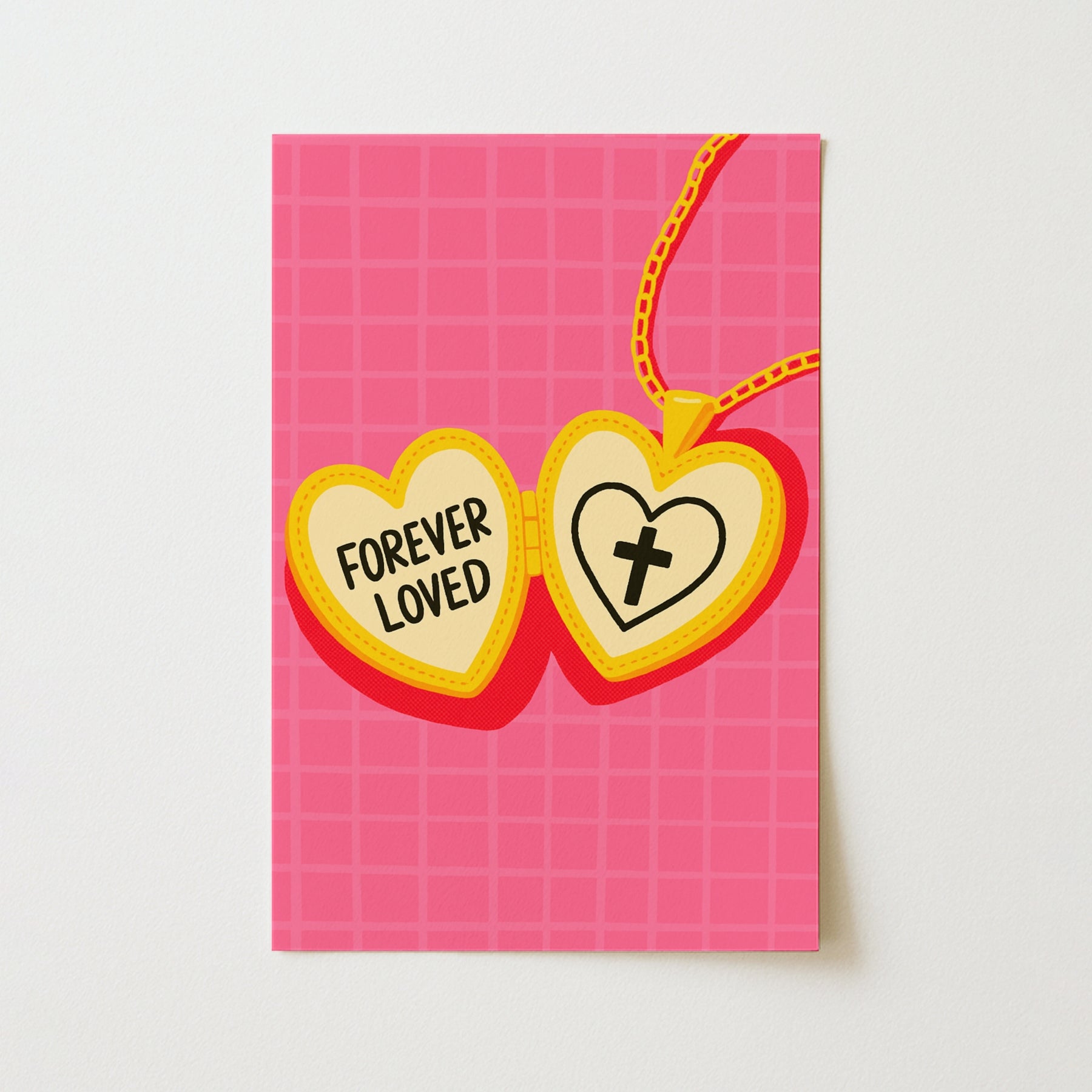 Arte de Pared Cristiano Forever Loved – Impresión de Collar con Cruz de Corazón Rosa, Decoración Cristiana de Pared