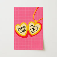Arte de Pared Cristiano Forever Loved – Impresión de Collar con Cruz de Corazón Rosa, Decoración Cristiana de Pared