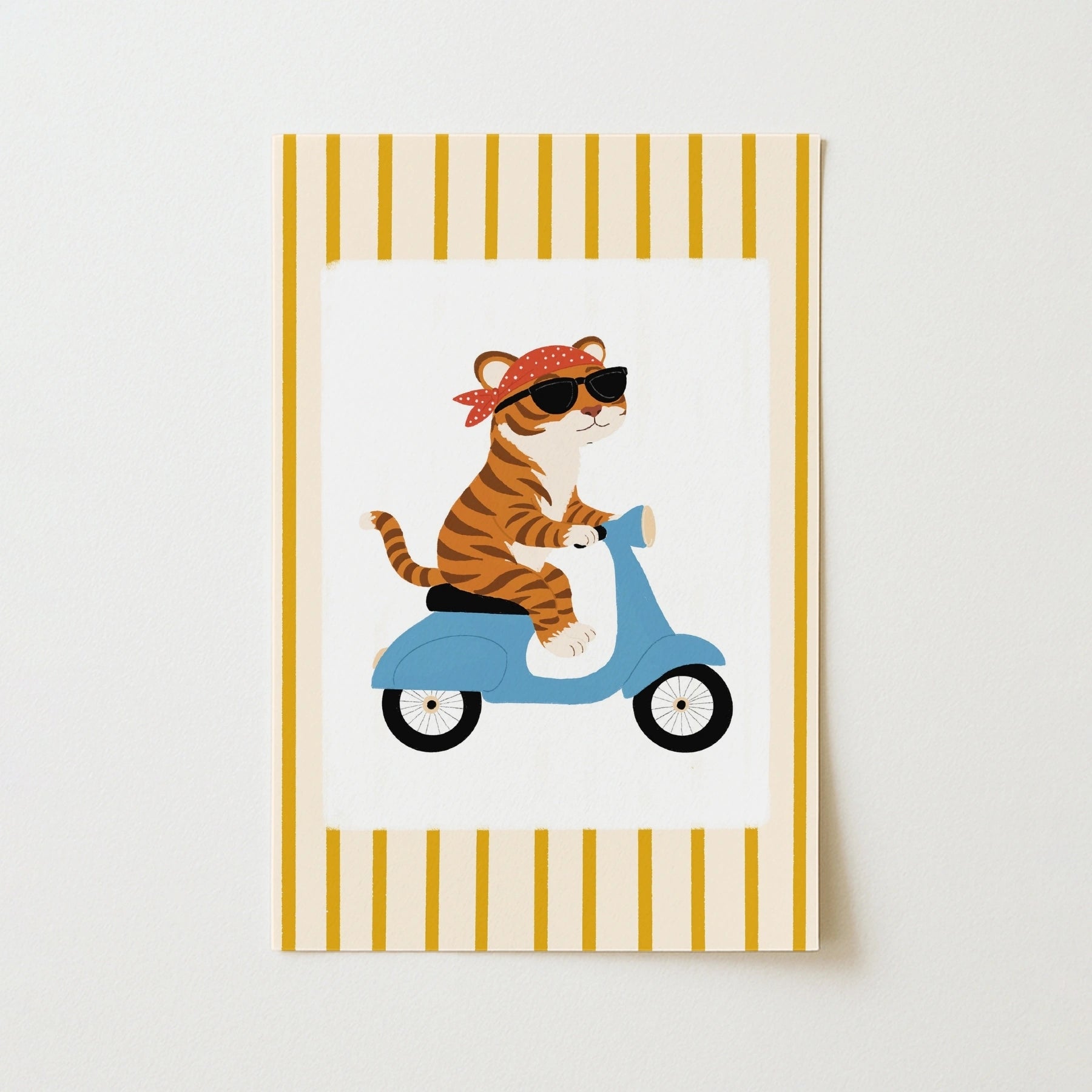 Stampa da parete per cameretta con tigre sullo scooter