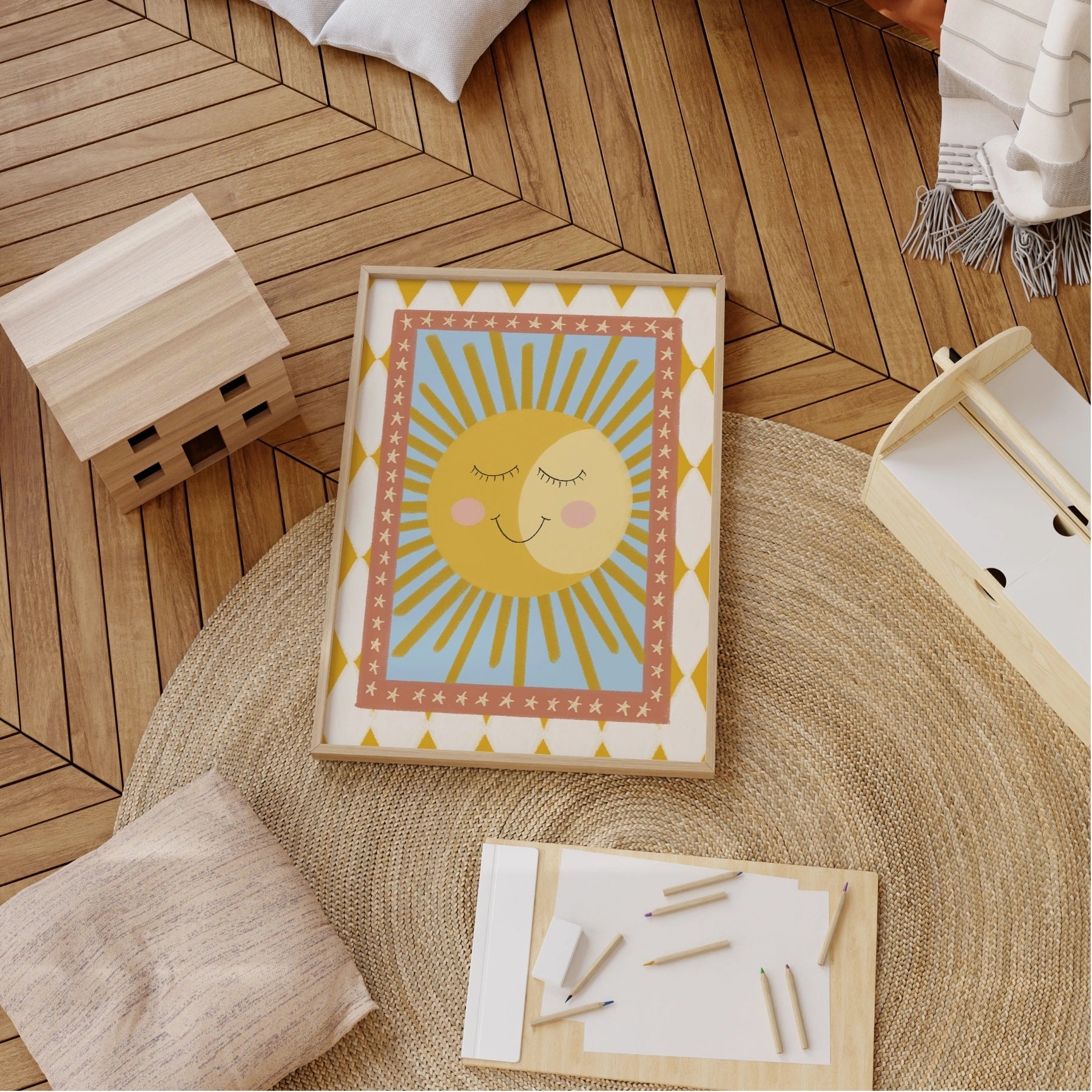 Stampa da parete per cameretta con sole fiabesco