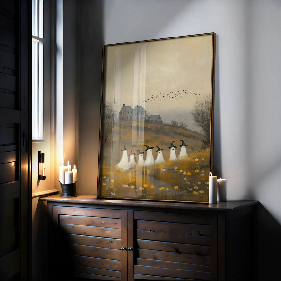 Ghost Parade Halloween Print – Spooky Witchy Ghosts in Fall Field