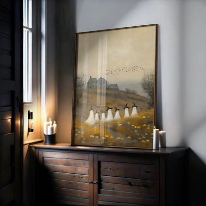 Ghost Parade Halloween Print – Spooky Witchy Ghosts in Fall Field