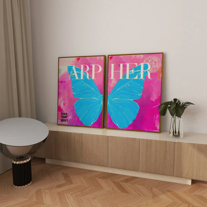 Preppy Butterfly Art Prints Set of 2, Custom Name Posters, College Dorm Wall Decor, Aesthetic Room Prints