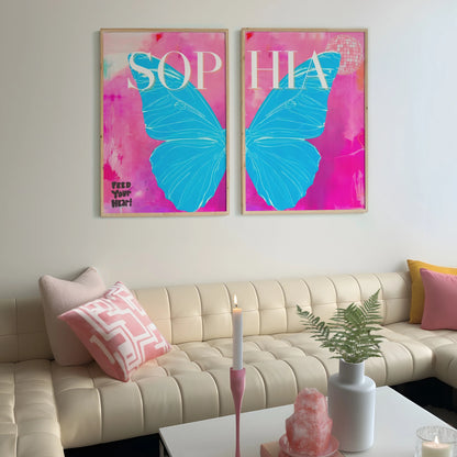 Preppy Butterfly Art Prints Set of 2, Custom Name Posters, College Dorm Wall Decor, Aesthetic Room Prints