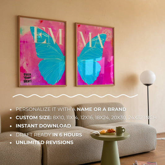 Preppy Butterfly Art Prints Set of 2, Custom Name Posters, College Dorm Wall Decor, Aesthetic Room Prints