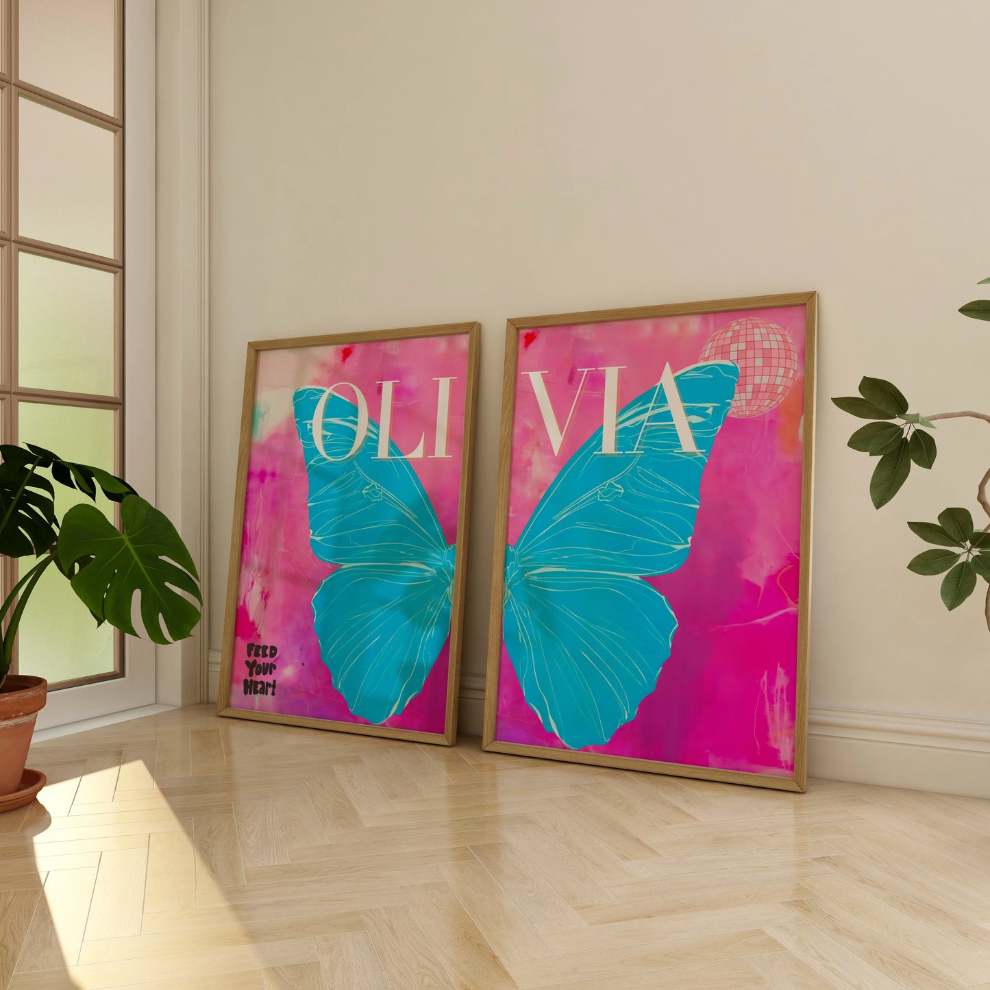 Preppy Butterfly Art Prints Set of 2, Custom Name Posters, College Dorm Wall Decor, Aesthetic Room Prints