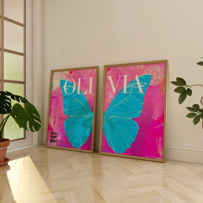 Preppy Butterfly Art Prints Set of 2, Custom Name Posters, College Dorm Wall Decor, Aesthetic Room Prints