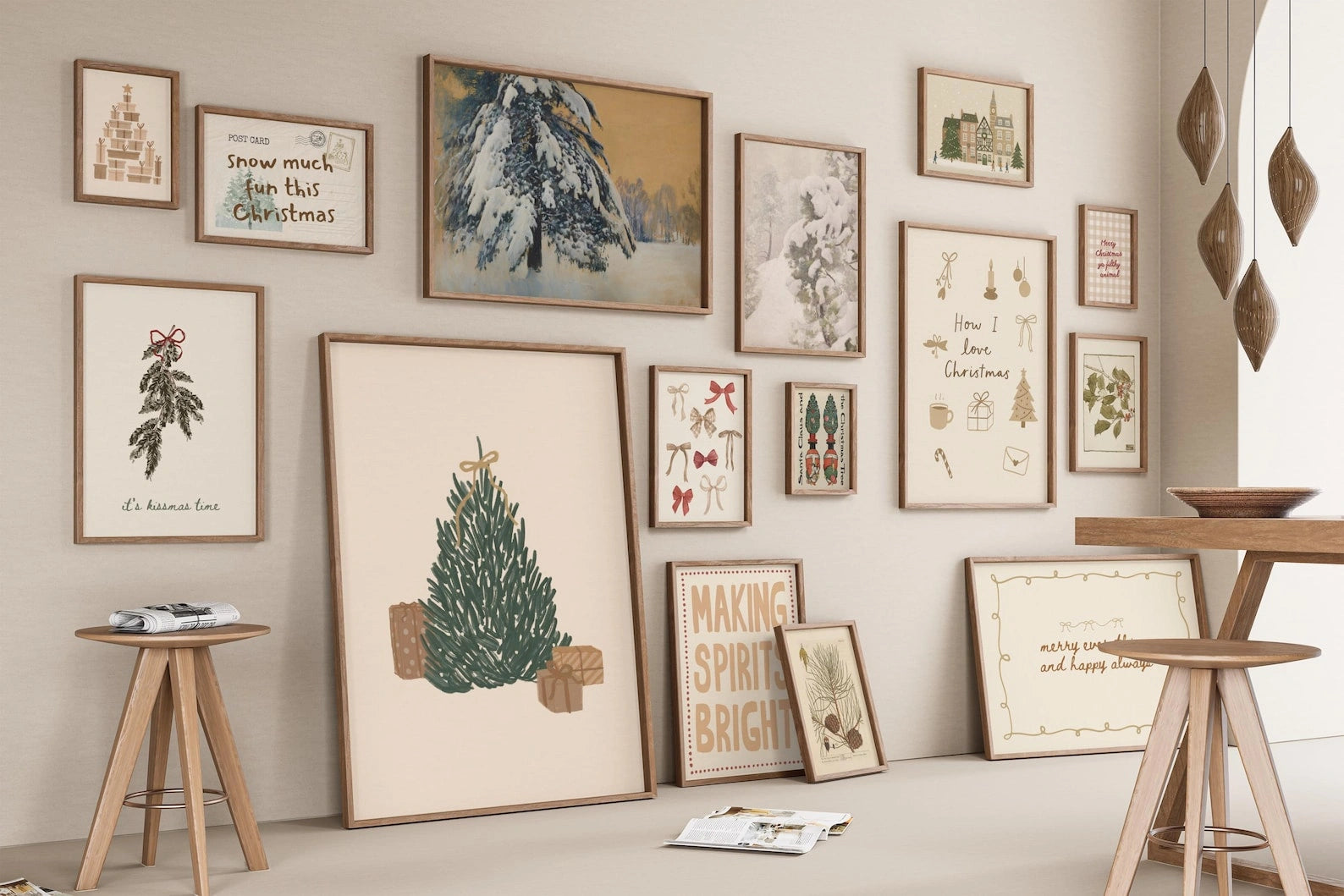 Set di 16 stampe natalizie neutre disegnate a mano