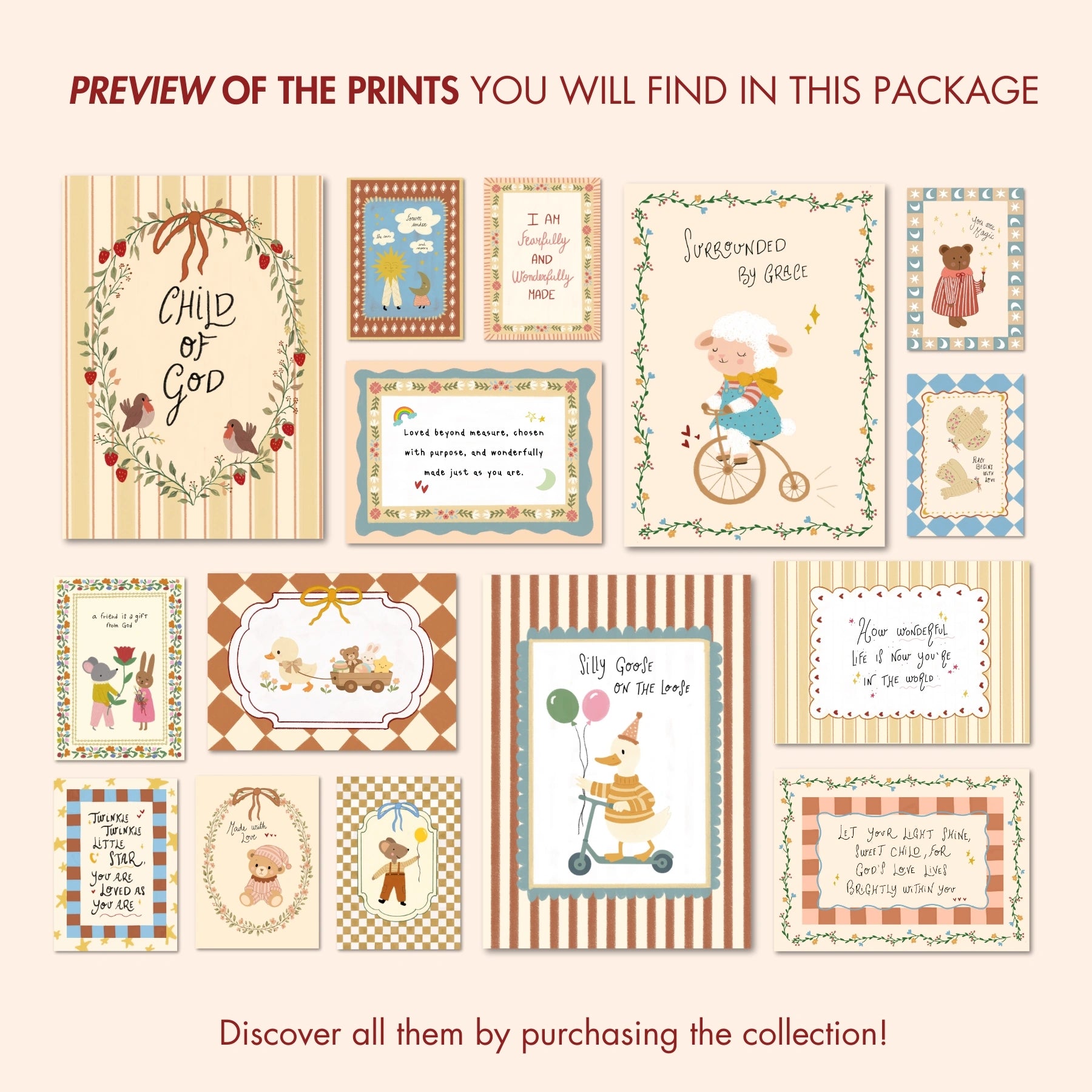 Ensemble de 16 affiches chrétiennes artisanales pour chambre d'enfant