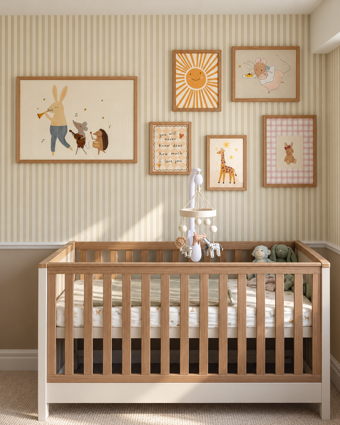 Wallify nursery gallery with natural wood framed prints