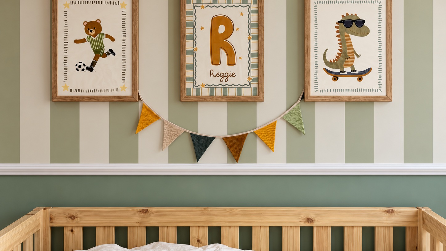 Natural wood framed nursery prints on sage striped wall